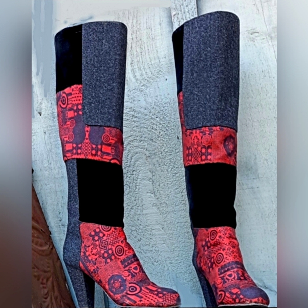 DESIGUAL "Shannon" Heel Boots, Zippered, Patchwork, Red, Grey, Black, Purple
